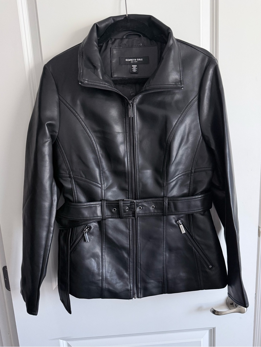 Kenneth Cole Black Faux Leather Belted Jacket - Women's